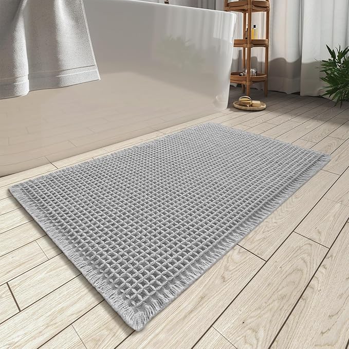 AMOAMI Upgraded Waffle Bath Mat, Super Absorbent Non Slip Bath Mats for Bathroom Floor, Machine Washable Bathroom Rugs with Tassels, Rubber Backed Bathroom Mats, Ultra Soft, 18" x 30", Grey