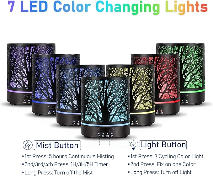Essential Oil Diffuser Aromatherapy Diffuser -300ml Metal Electric Ultrasonic Cool Mist Oil Diffuser for Large Room with Waterless Auto Shut-Off, 4 Timer Setting &7 Colors Night Light for Home Office