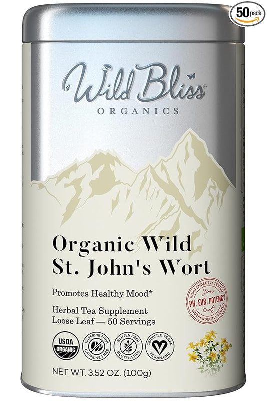 Wild Bliss Organic St Johns Wort Tea - Caffeine Free Mood Balance Support Herbal Tea - Pharmacopoeia Potency - Loose Leaf 3.52 Oz - 50 Servings