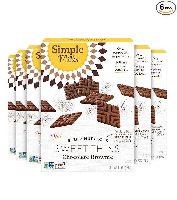 Simple Mills Sweet Thins Cookies, Nut & Seed Flour, Chocolate Brownie, Gluten Free, Paleo Friendly, Healthy Snacks, 4.25 oz Pack of 6
