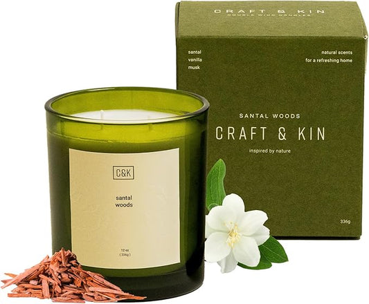 Craft & Kin 12oz Santal Woods Candle for Home | Premium Green Fall Scented Candles for Men | Made with Natural Soy | Gifts for Men and Women | Nature Collection