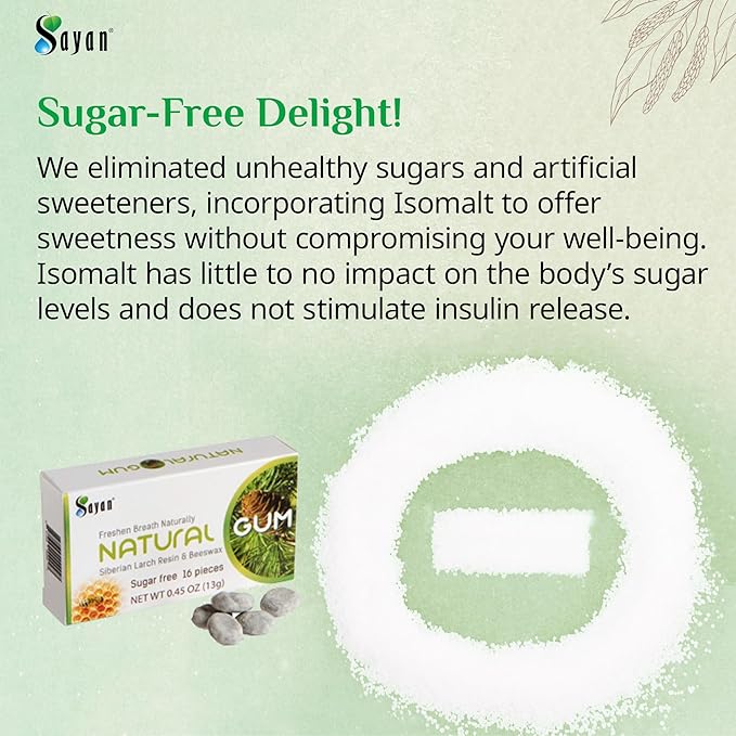 Sayan Sugar Free All Natural Gum, Siberian Larch Tree Resin and Beeswax Chewing Gum for Fresh Breath, Vegetarian, Non-GMO, No Sugar, Gluten Free, Aspartame Free, No Preservatives - 3 Packs (48 Pieces)
