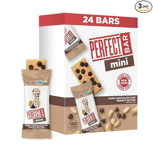 Perfect Bar Mini, Dark Chocolate Chip Peanut Butter Protein Bar, Protein Snack, Snack Bar, Organic, Gluten Free, Soy Free, Non GMO, No Sugar Alcohols, .88 Ounce Bar, 24 Count