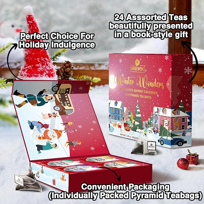 BREWIX, Tea Advent Calendar 2025 | 24 Pyramid Tea Bags - Luxury Gift Box | Selection of 24 Delightful Black/Green Teas and Infusions | Christmas Gift Idea for Men and Women