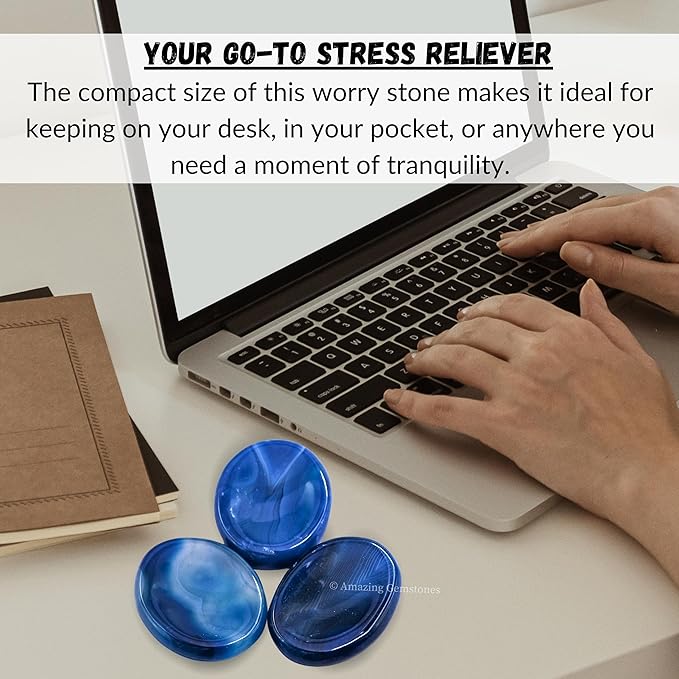 Amazing Gemstone Alma Blue Agate Worry Stone, Healing Crystals - Piedra Crystal Fidget for Gift, Meditation, Calming, Relaxation, Stress Relief