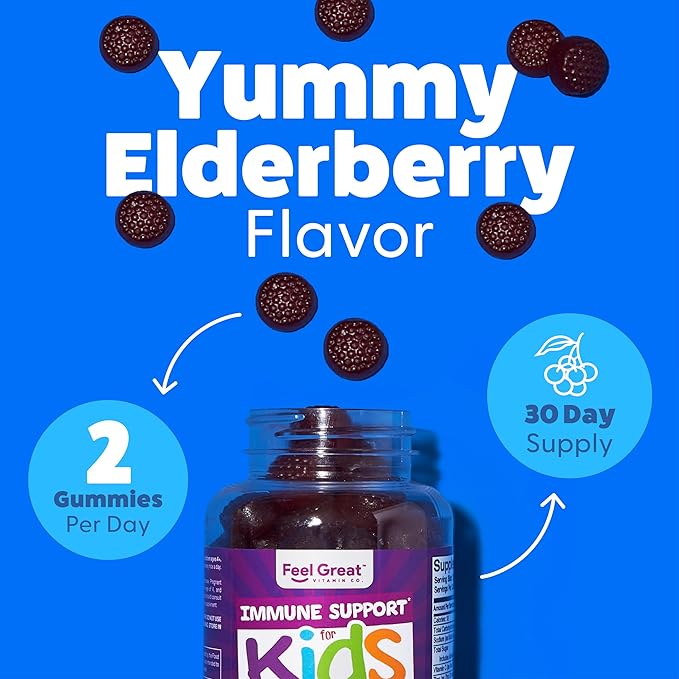 Feel Great Immune Support for Kids | Vitamin C Zinc & Elderberry Gummies | Sambucus Nigra Immunity Multivitamin | Vegetarian | 60 Day Supply