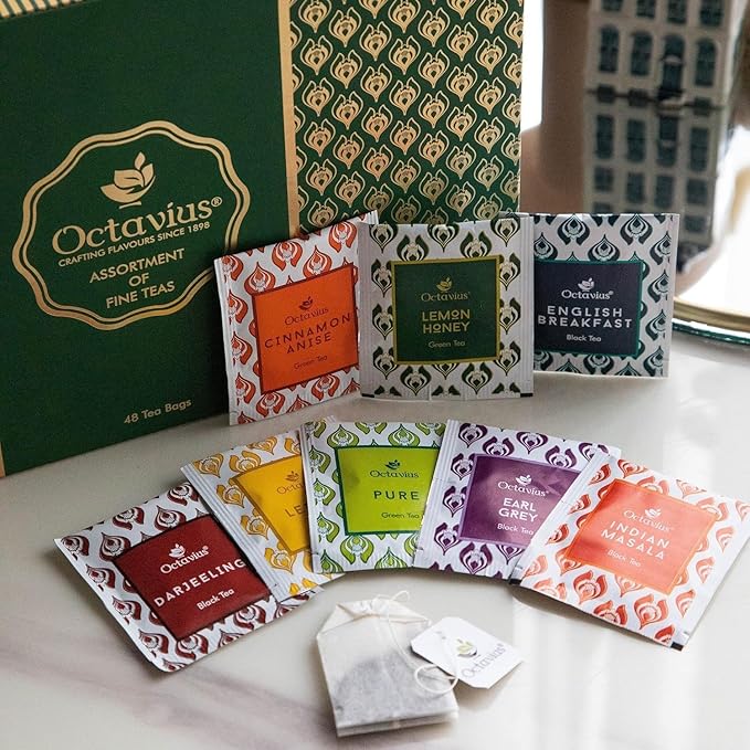 Octavius Tea Sampler Pack | 8 Assorted Black & Green Teas | 48 Teabags | Tea Sampler Variety Pack | Pack of 2 | Mothers Day Tea Gift Box