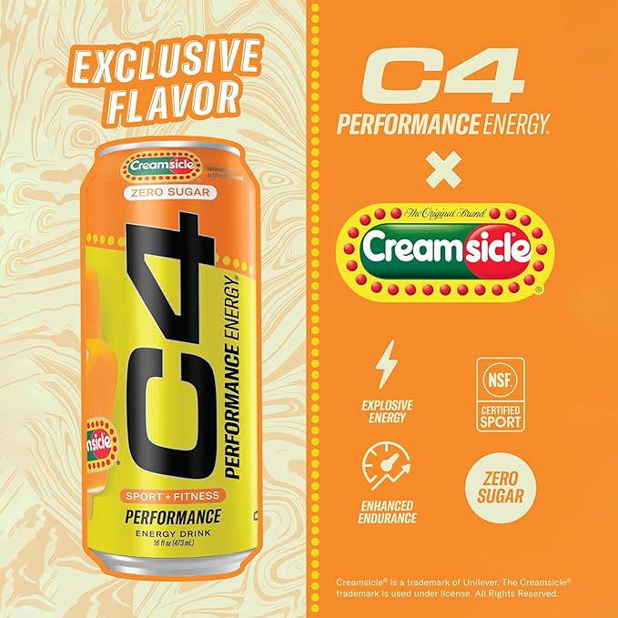 Cellucor C4 Performance Energy Drink | Zero Sugar Carbonated Preworkout Energy | 200mg Caffeine with Beta Alanine | Orange Creamsicle | 16 Fl Oz (24 Pack)