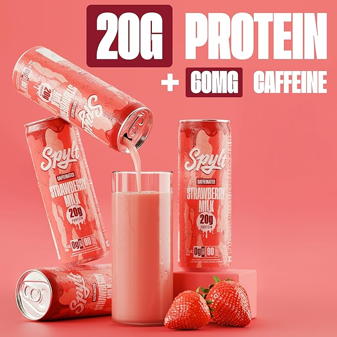 Spylt High Protein Strawberry Milk with 60mg Caffeine & 20g Protein - 90 Calories, Ready to Drink, Sugar Free, Lactose Free Milk, Perfect for Workout Recovery & Afternoon Pick Me Up - 12 Count