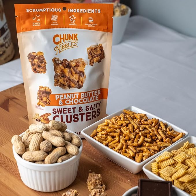 Chunk Nibbles Peanut Butter Chocolate Snack Clusters - Gourmet Sweet & Salty Treat with Pretzels, Peanuts & Corn Squares - Handcrafted, No Artificial Colors - 4.25oz Resealable Pouch (3 Pack)