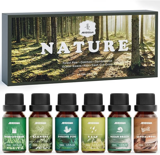 Nature Essential Oils Set, ARVIDSSON Natural Fragrance Oils for Candle Making, Fresh Cut Grass, Ocean Breeze, Rain, Pine, Sandalwood, Oakmoss, Diffuser Scented Oils
