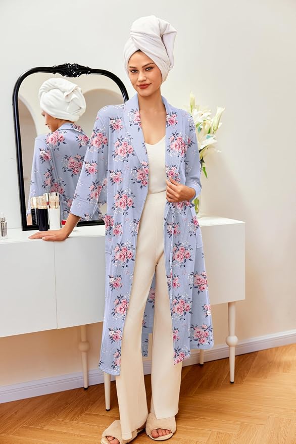 Ekouaer Robes for Women Long Waffle Knit Bathrobe Lightweight Kimono Robe Soft Shawl Collar Spa Robes with Pockets S-XXL