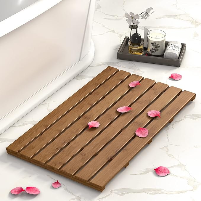 Domax Wooden Bamboo Bath Shower Mat- Non-Slip Waterproof Large Bathroom Floor Mat for Indoor Outdoor (Walnut, 31.3 x 18.1 x 1.5 Inches)