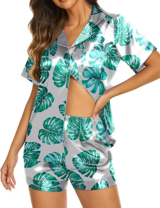 Ekouaer Silk Pajamas for Women Short Sleeve Sleepwear Soft Button Down Loungewear 2 Piece Satin Pjs Shorts Set S-XXL