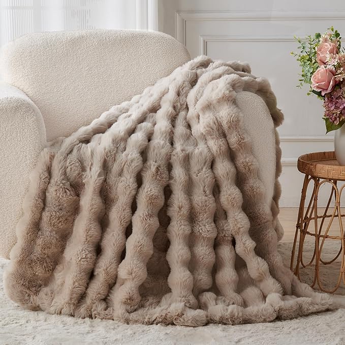 Lotus Karen Faux Fur Throw Blanket Linen - 800 GSM Bubble Rabbit Fluff Blanket for Couch Bed Sofa,Softest Fluffy Fuzzy Cozy Blanket,Thick Furry Plush Shaggy Warm Blankets for Women,60x80 Inches