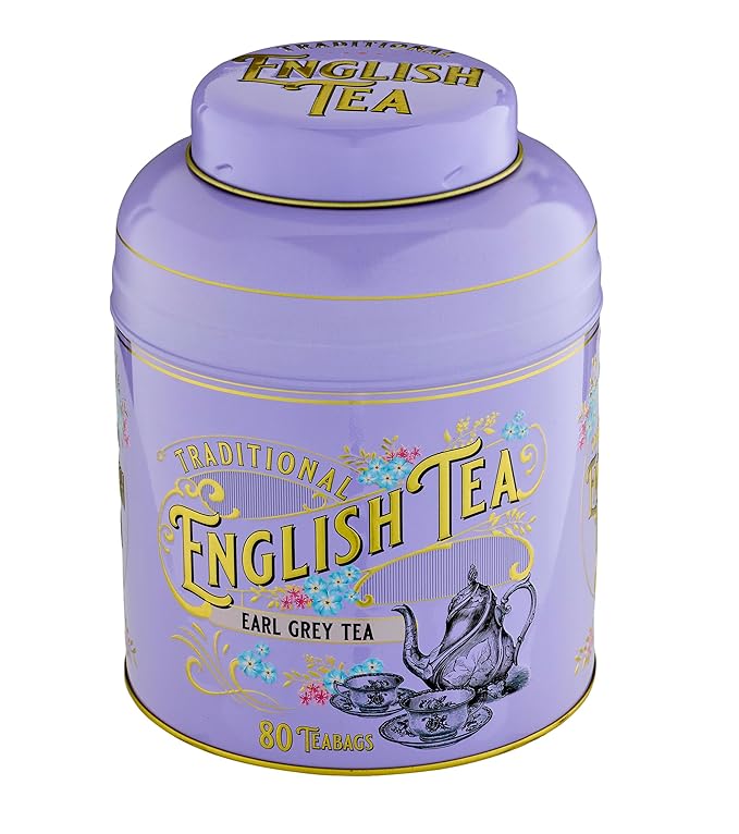 New English Teas VIntage Victorian Tea Caddy with 80 Earl Grey Teabags – Lilac – Forget Me Not Florals & Classic Tea Set Design