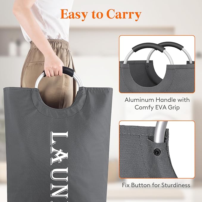 Lifewit 120L 2-Pack Large Laundry Basket, Collapsible Laundry Hamper with Aluminum Handles, Waterproof Freestanding Dirty Clothes Hampers for Laundry Room Bedroom Dorm Bathroom, Grey