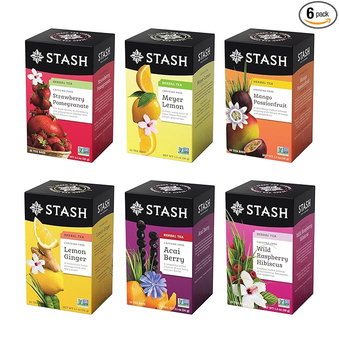 Stash Tea Fruity Herbal Tea 6 Flavor Tea Sampler, 6 boxes With 18-20 Tea Bags Each