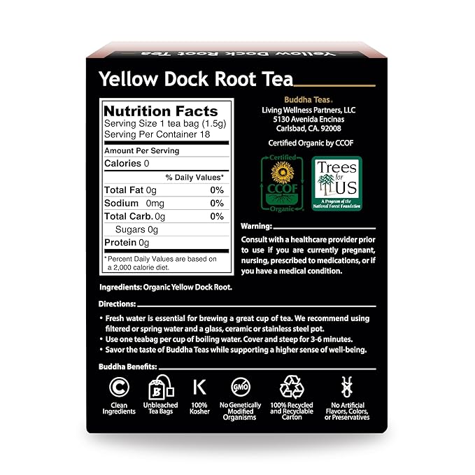 Buddha Teas Organic Yellow Dock Root Tea - OU Kosher, USDA Organic, CCOF, 18 Bleach-Free Tea Bags