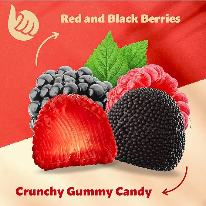 Berries Gummy Candy | 1-Pound Bag | Crunchy Raspberry and Blackberry Chews | Black & Red Halloween Candy for Parties, Buffets, and Treat Bags | Fun Crunchy Gummies