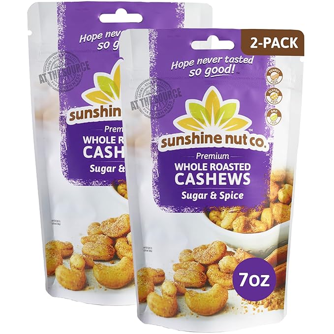 Sunshine Nut Company Whole Roasted Lightly Salted Cashews, Sugar and Spice Flavor, 2 Pack, 7 oz. Each, Gluten Free, Peanut Free and Vegan Individual Snack Packs for Kids and Adults, GMO Free