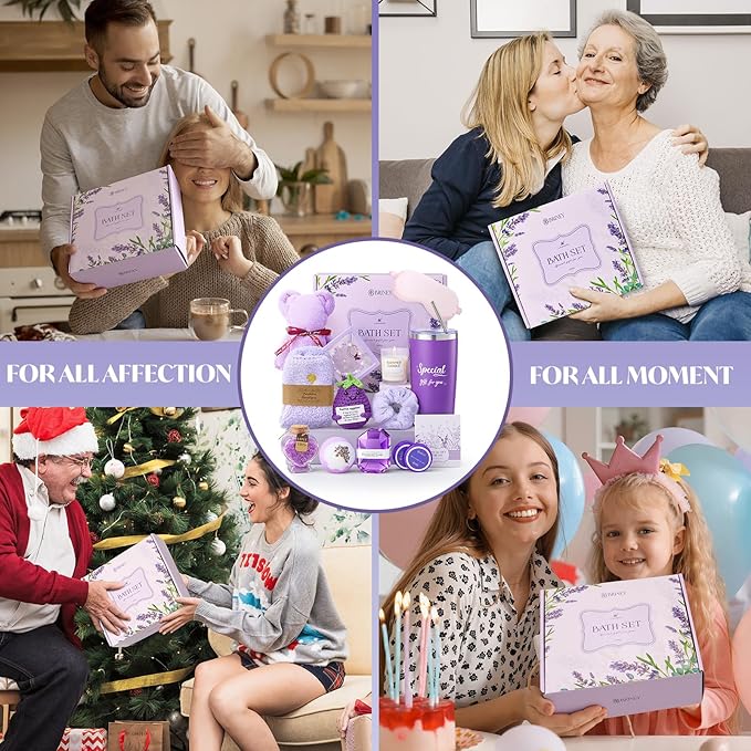Briney 14Pcs Birthday Gifts for Women, Care Package for Women, Gift Basket, Unique Relaxing Lavender Themed Present for Mom Wife Sister Best Friend, Purple