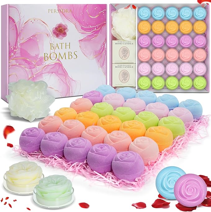 Bath Bombs for Women - 30 Pcs Handmade Natural Essential Oils Rose Bath Bombs with Scented Candles, Home Spa Fizzies Bubble Bath, Birthday Gifts for Women Her Self Care Gifts for Mom Wife (30)