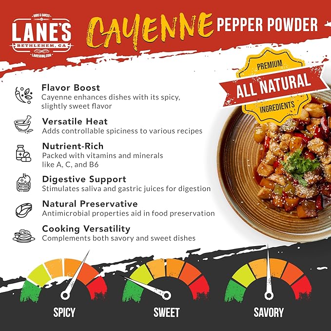 Lane's Cayenne Pepper Powder, All-Natural Cayenne Red Peppers Powder, Goes Well With Meat & Veggies Cayenne Hot Pepper Powder, Made in USA, 7.8 Oz