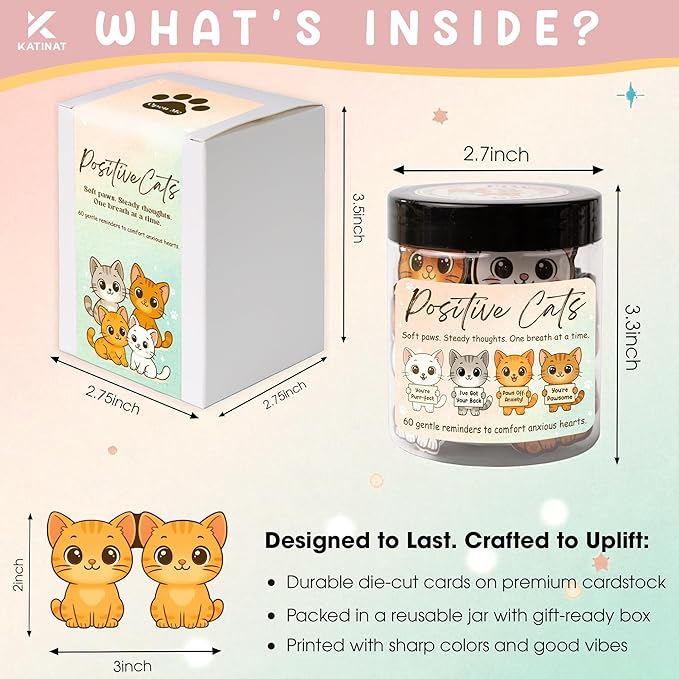 Positive Cats Jar – 60 Affirmation Cards for Anxiety & Self Care, Cat Gifts for Women, Teens & Men, Mental Health & Stress Relief Support Gifts, Cat Mom Gift