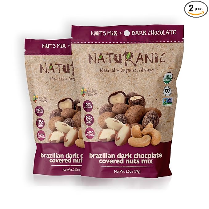 Naturanic Brazilian Dark Chocolate Covered Nuts Snack, No sugar, Keto friendly, Net Carb Zero, All NAtural, Organic, Vegan - Pack of 2