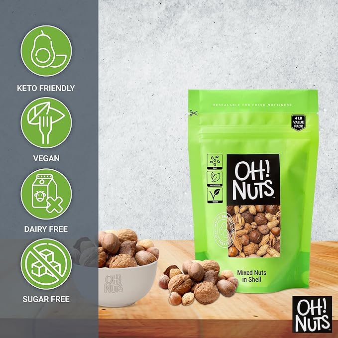 Oh! Nuts Mixed Nuts in Shell - Raw - 100% Natural - 4 lb - Jumbo-Sized Premium Shelled Nuts - Packed in New York Zip-Seal Bag for Exceptional Freshness