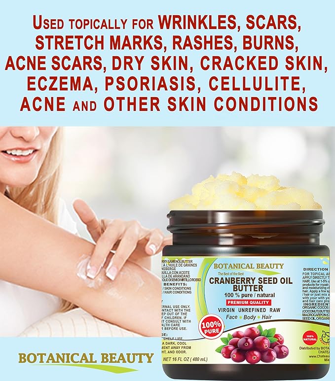 Botanical Beauty CRANBERRY SEED OIL BUTTER 100% Natural, Pure RAW VIRGIN UNREFINED Cold-Pressed for Face, Skin, Body, Hair, Lip, Nails. Rich in Vitamin C, Omega 3, Omega 6, omega-9 (16 Fl Oz)