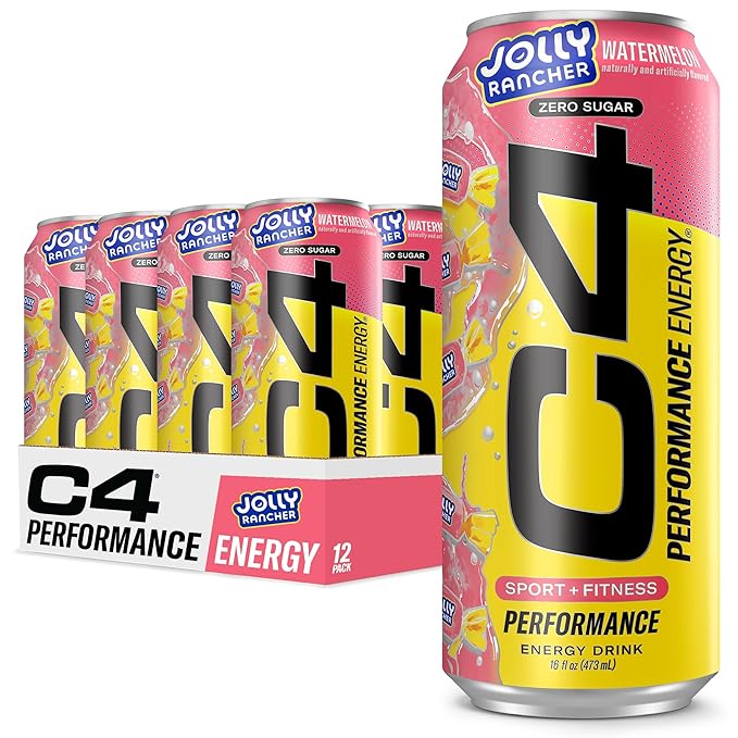 Cellucor C4 Performance Energy Drink | JOLLY RANCHER Watermelon | Zero Sugar Carbonated Preworkout Energy | 200mg Caffeine with Beta Alanine | 16 Fl Oz (12 Pack)