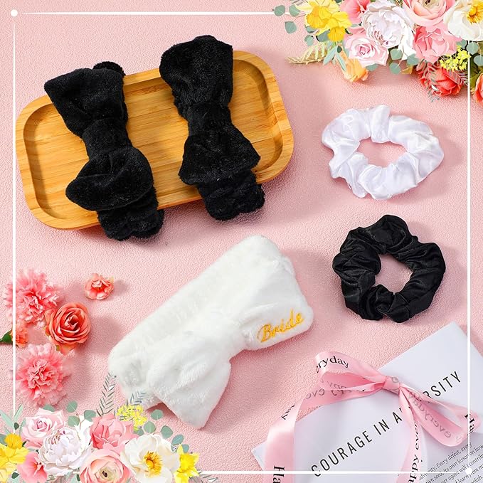24 Pcs Bachelorette Party Favors Include 12 Bride Bridesmaid Spa Headband 12 Bridesmaid Gifts Scrunchies for Women Sleepover Spa Bachelorette Party Accessories Supplies(White,Black)
