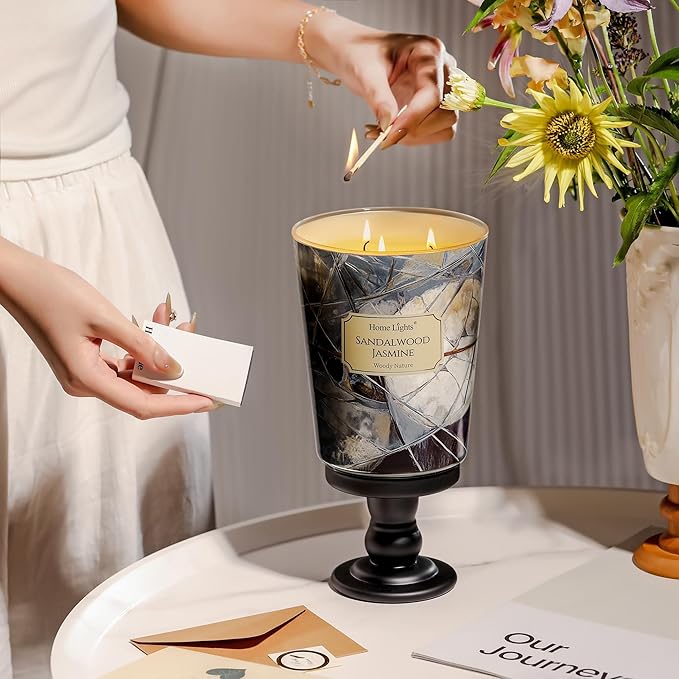 HomeLights Soy Wax Candles for Home Scented, 3-Wick Candles in Sandalwood Jasmine Scented, Industrial Chic Aromatherapy Candles Gift for Parties, Relaxing, 34oz