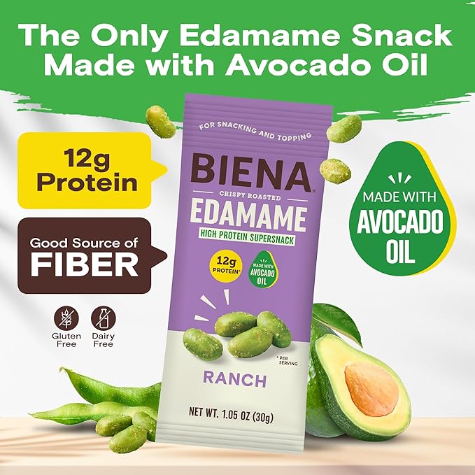 Biena Crispy Roasted Edamame Beans Snack – High Protein Low Carb Snack for Adults & Kids, 12g Protein per Serving - Made w/Avocado Oil – Vegan, Gluten-Free – 10-Pack, 1.05oz Bags, Ranch