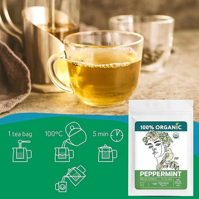 Peppermint Tea Organic (40 Tea Bags) - Hot Tea for Energy, Digestion, Nausea, Motion Sickness, Respiratory Support, Stress Relief - Te de Menta Organico Natural