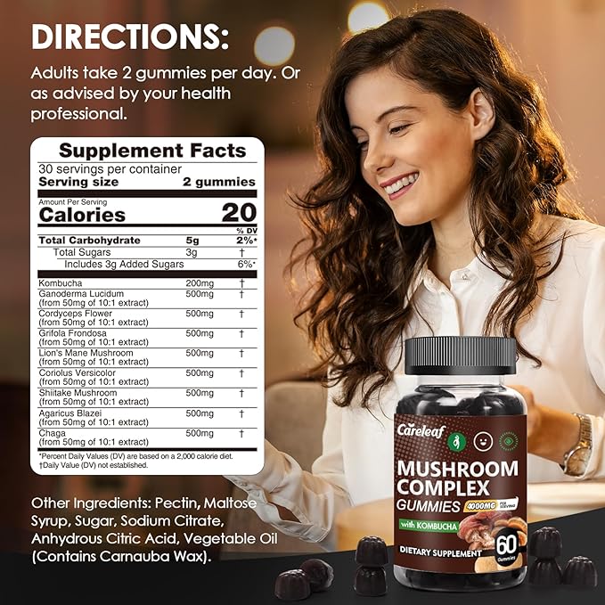 9 in 1 Mushroom Gummies with Lion's Mane for Focus Supplement and Energy Supplements to Support Immune System De-Stress Boost Mood & Energy 60 Count Kombucha Flavor