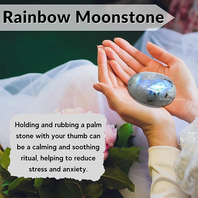 Amazing Gemstone Rainbow Moonstone Crystals and Healing Stones - Large Palm Stone Crystals Piedra - Crystal for Good Luck, Positive Energy, Meditation - Unique Stocking Stuffers Gifts for Women, Men