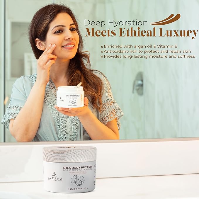 AZMERA Handcrafted Whipped Shea Body Butter – Unscented Moisturizer for Dry, Sensitive Skin with Argan Oil & Vitamin E – Vegan, Non-Greasy Whipped Body Butter for Women & Men – 8.82 oz