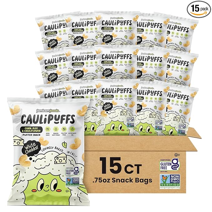 CauliPuffs - Corn, Rice, and Cauliflower Gluten Free Puffed Snack (15 x 0.75oz Bags, White Cheddar)