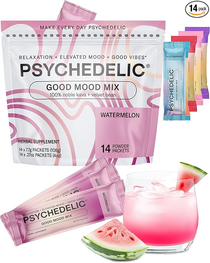 Good Mood Mix - Watermelon - Powder Packets - Calming Kava Drink Mix - Easy Open Single-Serving - Flavored Kava Powder - Mucuna Pruriens - Stevia - Non Alcoholic Adaptogen Mocktails - 14 Stick
