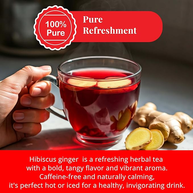 Akshit Hibiscus Ginger Tea, 50Tea Bags, Te De Hibisco, Hibiscus Tea Blend, Non-GMO, No Sugar, Caffeine free. Perfect for Hot or Iced Tea.