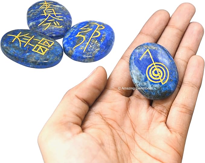 Amazing Gemstone Lapis Lazuli Crystal Reiki Stones with Engraved Symbols for Usui Reiki Healing, Set of 4 Pcs (Indian Handmade Reiki Gift Set)
