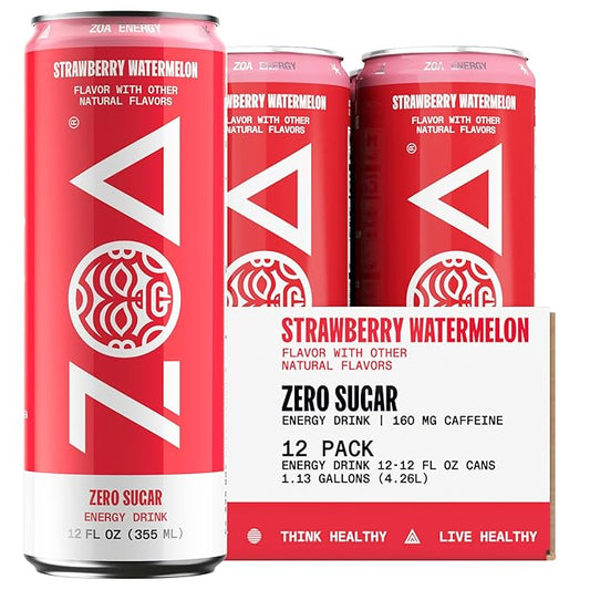 ZOA Zero Sugar Energy Drinks, Strawberry Watermelon - Sugar Free with Electrolytes, Healthy Vitamin C, Amino Acids, Essential B-Vitamins, and Caffeine from Green Tea - 12 Fl Oz (12-Pack)