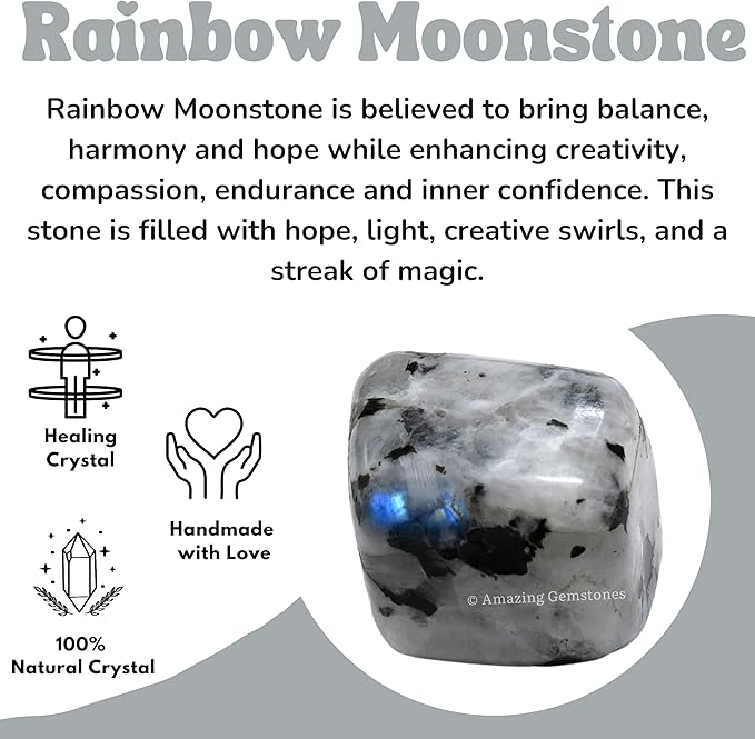 Amazing Gemstone Rainbow Moonstone Crystals and Healing Stones Tumbled - 1000+ Carats Rainbow Moonstone Stone, Healing Stones for Energy Balance, Stress Relief - Premium Polished Gems Rocks