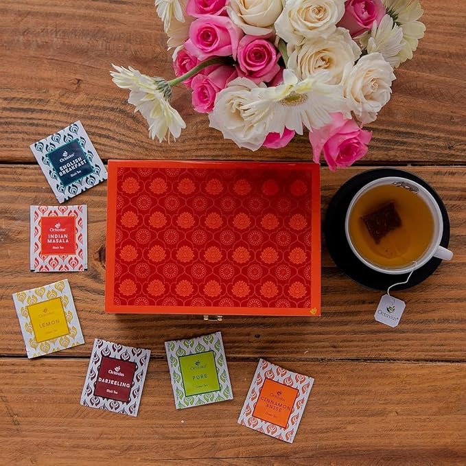 Octavius Gift's Select - Assorted Tea in Lotus Printed Wooden Box | 6 Flavors, 90 Tea Bags | Black & Green Tea | Tea Gifts for Women & Men | Tea Variety Pack