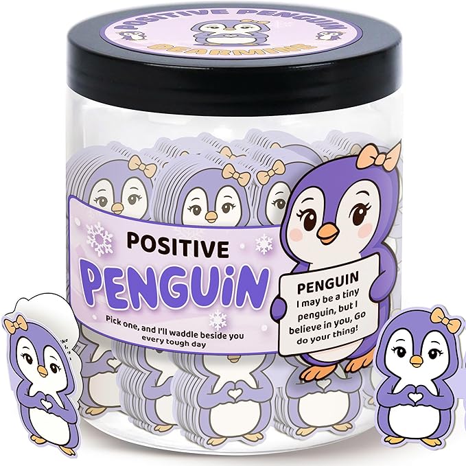 60 Positive Penguin Cards Jar, Affirmation Cards for Women, Emotional Support Penguins, Penguin Gifts for Women, Mom, Penguin Gifts, Penguin Themed Gift, Purple Gift for Girls