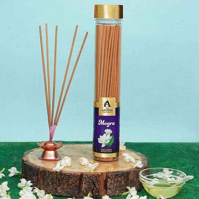 The Aroma Factory Mogra Agarbatti for Pooja, Luxury Incense Sticks, Low Smoke and Zero Charcoal and Fresh Fragrance for Home, Meditation (100g)