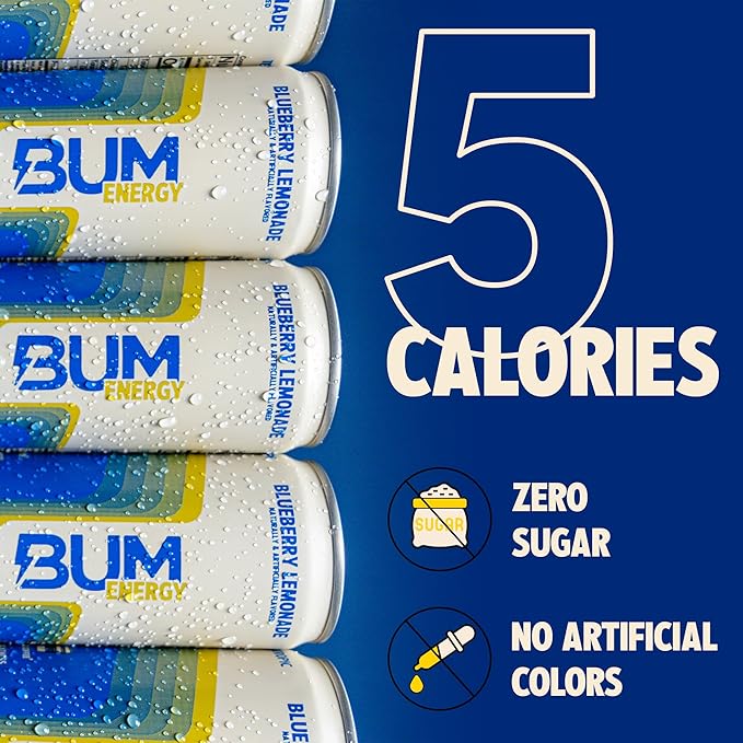 BUM Sugar-Free Energy Drink, Blueberry Lemonade - Lightly Carbonated & No Artificial Colors, Natural Caffeine & Citicoline for Energy & Focus, Brain Boost & Workout Sports Beverage - 12 oz, Pack of 12